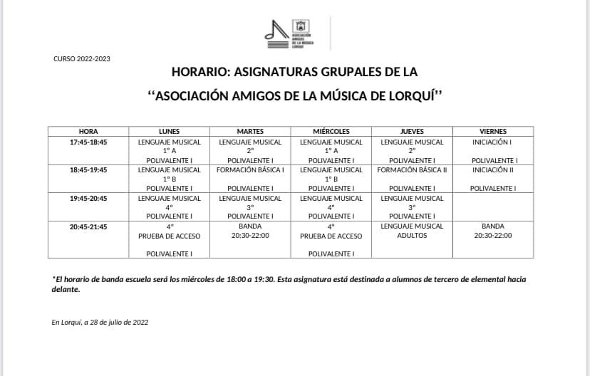 Horario asignaturas grupales AAML